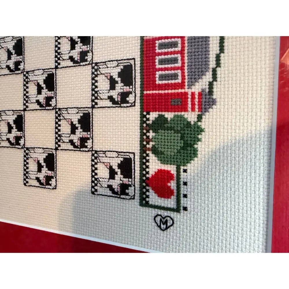 Framed Completed Cross Stitch Cow Checkerboard Red Barn Farmhouse Art